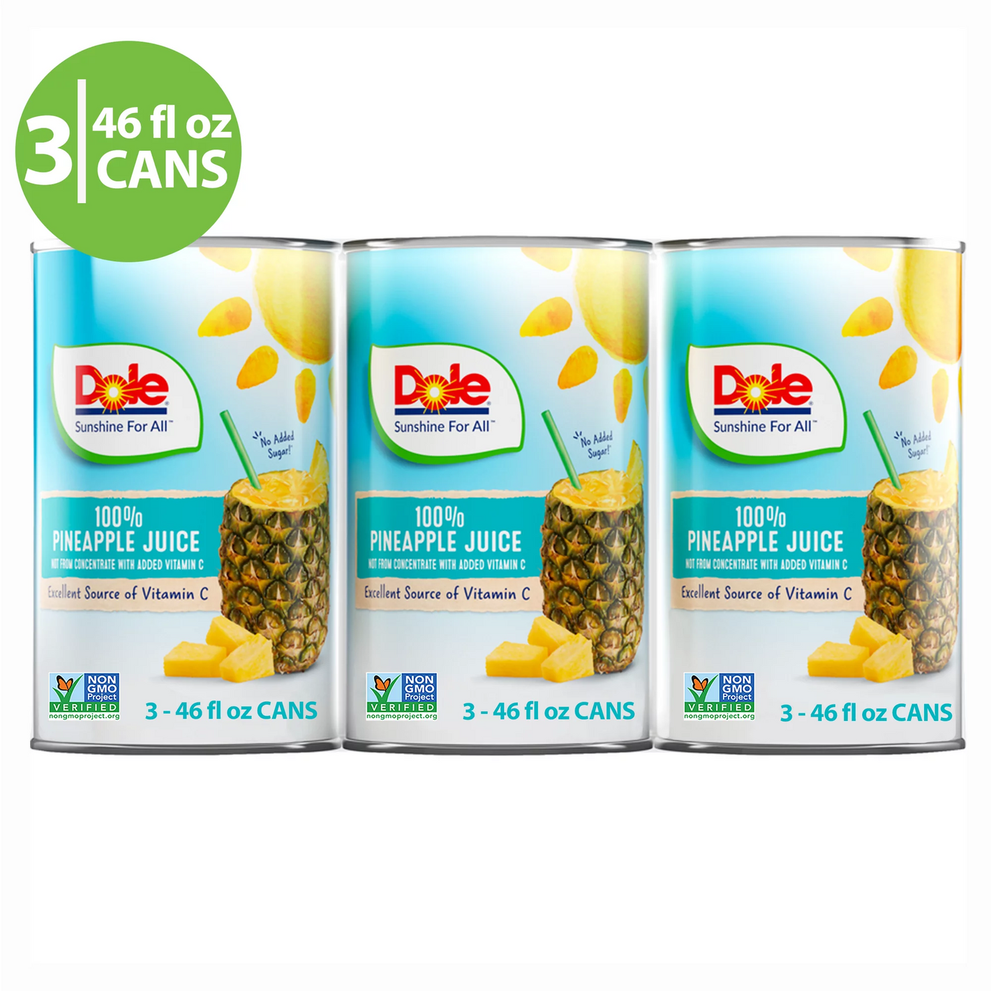 (3 Cans) Dole All Natural 100% Pineapple Juice, 46 fl oz Can