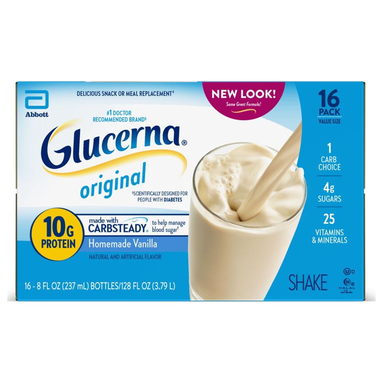 Glucerna Original Diabetic Protein Shake, Homemade Vanilla, 8 fl oz Bottle, 16 Count