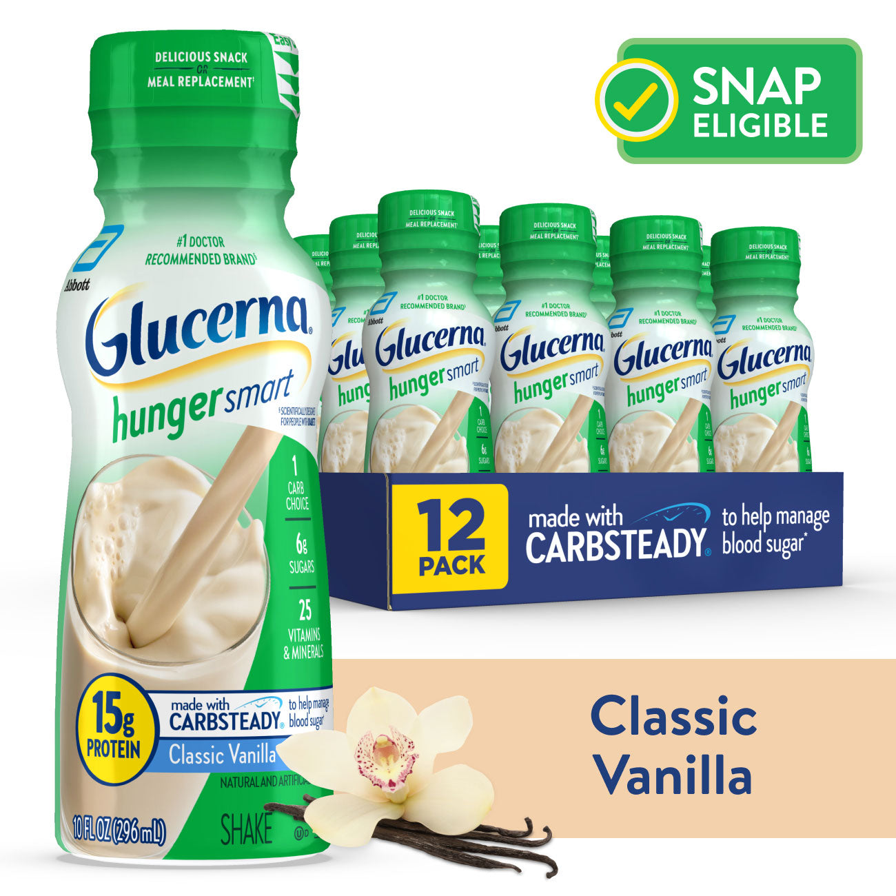 Glucerna Hunger Smart Diabetic Protein Shake, Classic Vanilla, 10 fl oz Bottle, 12 Count