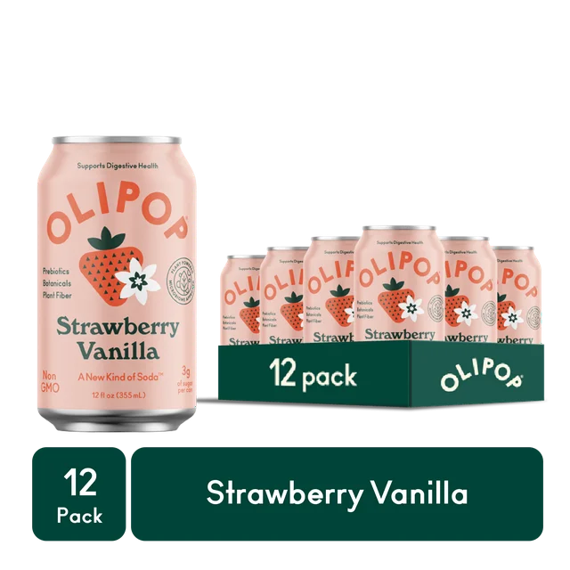 OLIPOP Prebiotic Soda, Strawberry Vanilla, 12 fl oz, 12 Pack