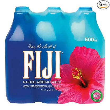 FIJI Natural Artesian Bottled Water 500 mL / 16.9 Fl Ounce (Pack of 6) - 100% Recycled Plastic