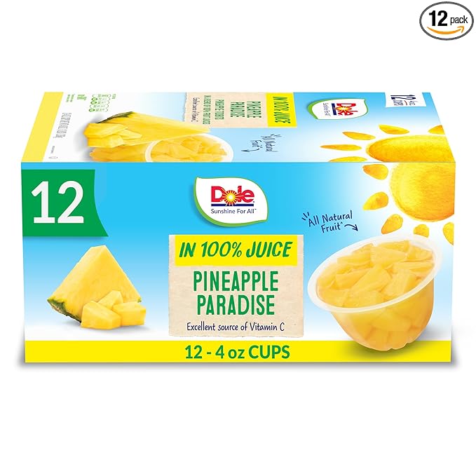 Dole Pineapple Paradise Pineapple Tidbits in a Blend of 100% Fruit Juices Snacks, 4oz 12 Total Cups, Gluten & Dairy Free, Bulk Lunch Snacks for Kids & Adults