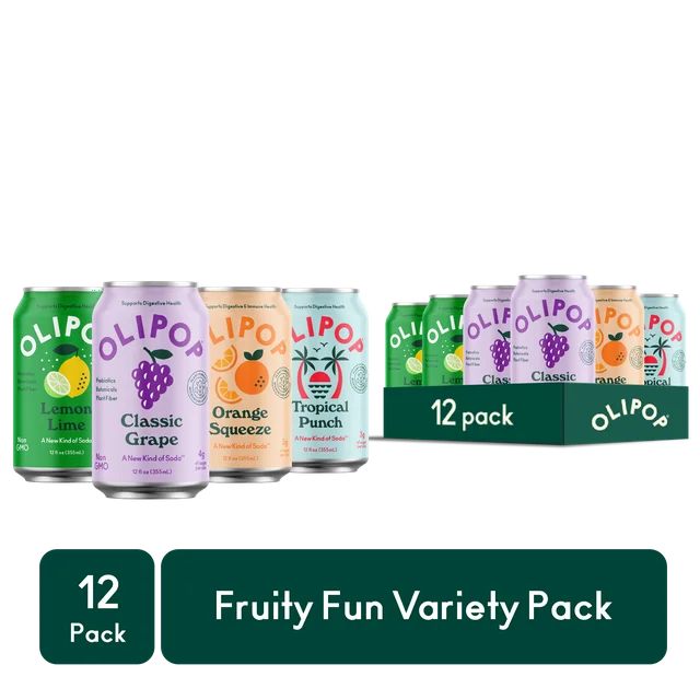 OLIPOP Prebiotic Soda, Fruity Fun Variety Pack, 12 fl oz, 12 Pack