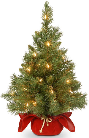 National Tree Company Pre-lit Artificial Mini Christmas Tree | Includes Small Lights and Cloth Bag Base | Majestic Fir - 2 ft