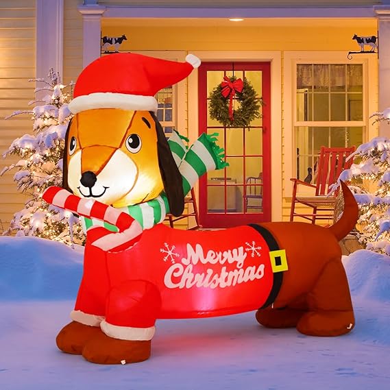 GOOSH 5 FT Christmas Inflatables Dog Outdoor Decorations Dachshund Dog Blow Up Yard Christmas with Built-in LEDs for Holiday Party Garden Lawn Decor