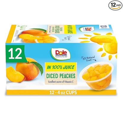 Dole Fruit Bowls Diced Peaches in 100% Juice Snacks, 4oz 12 Total Cups, Gluten & Dairy Free, Bulk Lunch Snacks for Kids & Adults