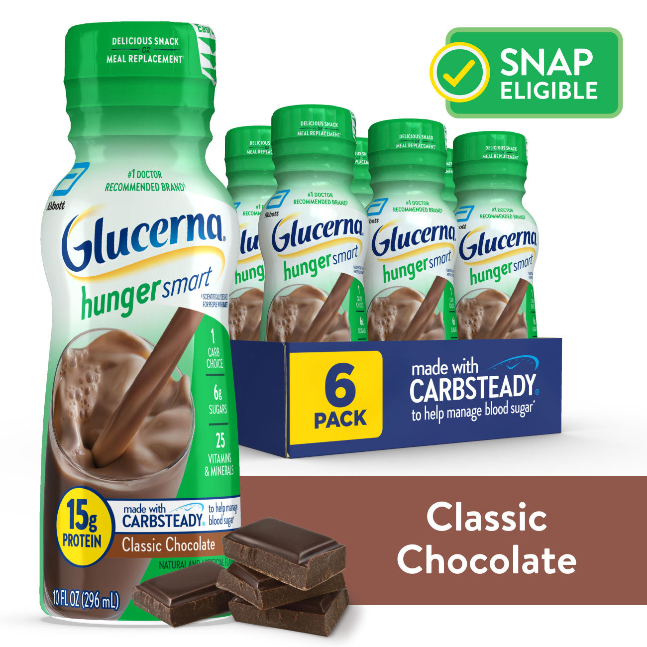 Glucerna Hunger Smart Diabetic Protein Shake, Classic Chocolate, 10 fl oz Bottle, 6 Count