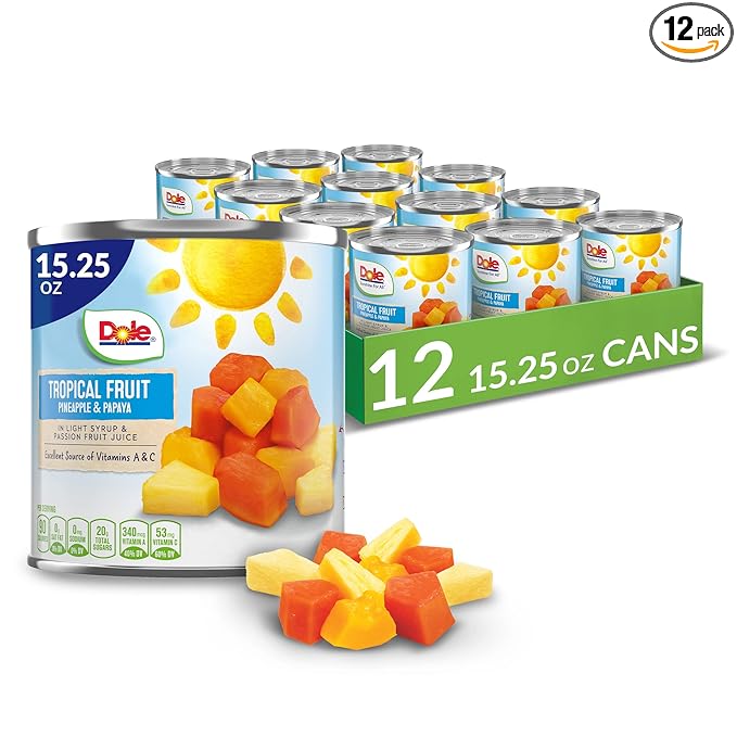 Dole Canned Tropical Fruit in Light Syrup & Passionfruit Juice, Pineapple & Papaya, Gluten Free, Pantry Staples, 15.25 Oz, 12 Count, Packaging May Vay