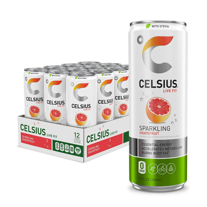 CELSIUS Sweetened with Stevia Sparkling Grapefruit Fitness Drink, Zero Sugar, 12oz. Slim Can, 12 Pack