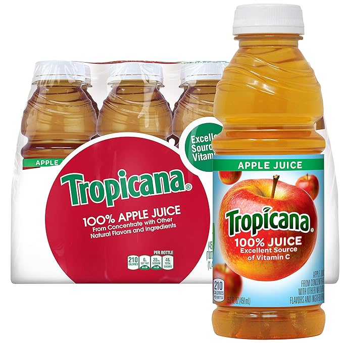 Tropicana Apple Juice, 12-pack, 15.2 oz bottles. No added sugars, no artificial flavors; rich in Vitamin C.