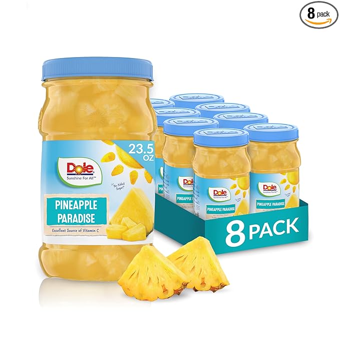 Dole Fruit Jars, Pineapple Chunks in 100% Fruit Juice, Gluten Free, Pantry Staples, 23.5 Oz Resealable Jars, 8 Count