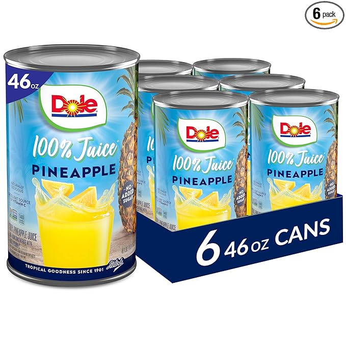 Dole 100% Pineapple Juice, No Added Sugar, Excellent Source of Vitamin C, 100% Fruit Juice, 46 Fl Oz, 6 Cans, Packaging May Vary