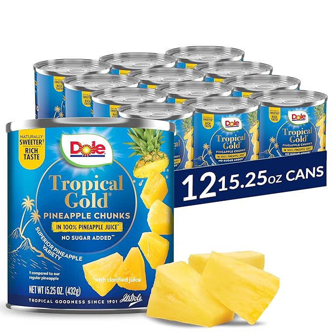 Dole Canned Fruit, Tropical Gold Pineapple Chunks in 100% Pineapple Juice, Gluten Free, Pantry Staples, No Sugar Added, 15.25 Oz, 12 Count