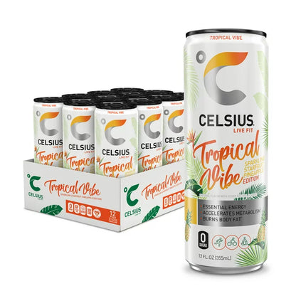 CELSIUS Sparkling Tropical Vibe, Functional Essential Energy Drink 12 fl oz Can (Pack of 12)