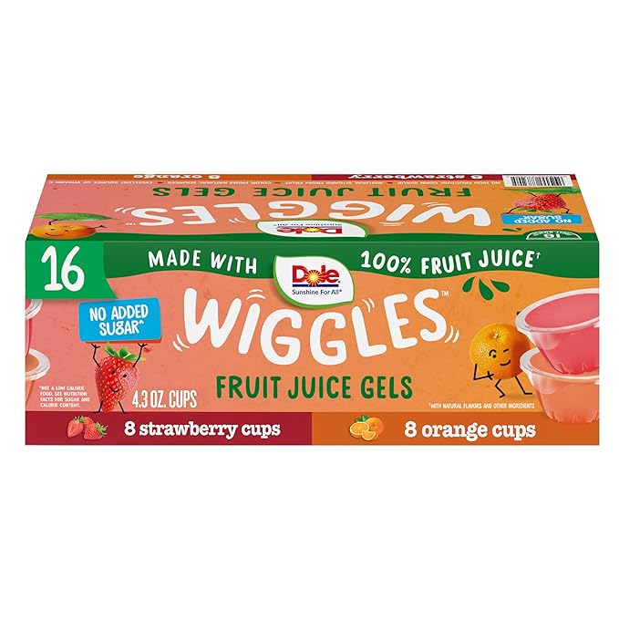 Dole Wiggles No Sugar Added Orange Fruit Juice Gels Snacks, 4.3oz 16 Total Cups, Gluten & Dairy Free, Bulk Lunch Snacks for Kids & Adults