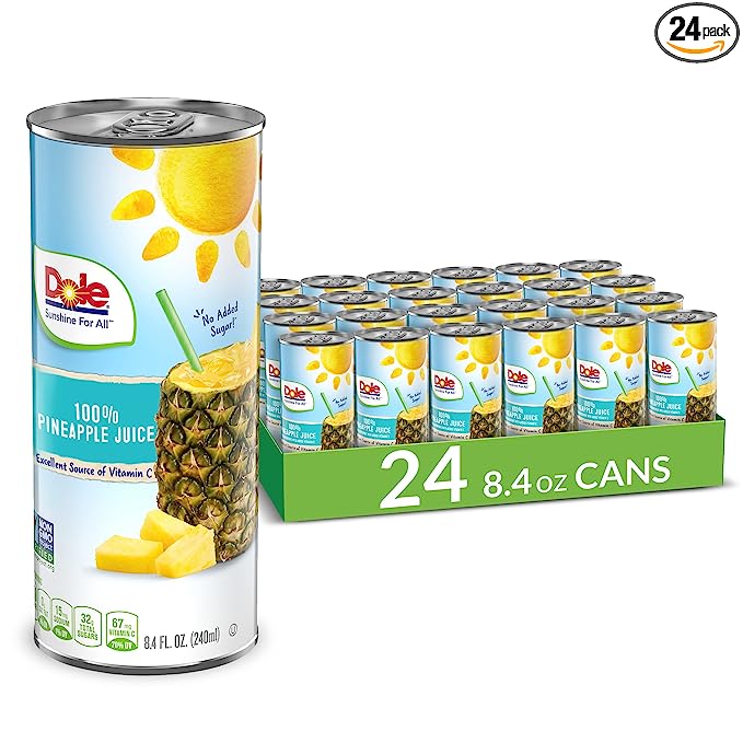 Dole 100% Pineapple Juice, No Added Sugar, Excellent Source of Vitamin C, 100% Fruit Juice, 8.4 Fl Oz, 24 Cans, Packaging May Vary