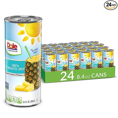 Dole 100% Pineapple Juice, No Added Sugar, Excellent Source of Vitamin C, 100% Fruit Juice, 8.4 Fl Oz, 24 Cans, Packaging May Vary