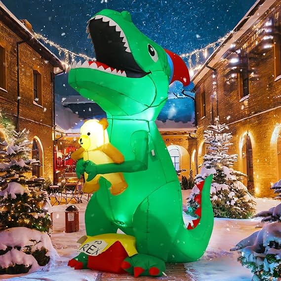 GOOSH 7 FT Christmas Inflatables Dinosaur Outdoor Decorations Blow Up Yard T Rex with Xmas Hat Holding a Bear with Built-in LEDs for Garden Lawn Indoor Party Décor