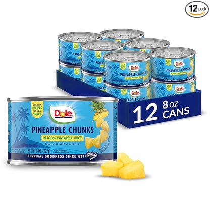 Dole Canned Fruit, Pineapple Chunks in 100% Pineapple Juice, Gluten Free, Pantry Staples, 8 Oz, 12 Count, Packaging May Vay