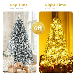 Vebreda 6ft Artificial Snow Decorated Flocked Hinged Christmas Tree with Metal Stand, Indoor Outdoor White