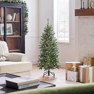 National Tree Company Artificial Pre-Lit Slim Christmas Tree, Green, Kingswood Fir, White Lights, Includes Stand, 4.5 Feet