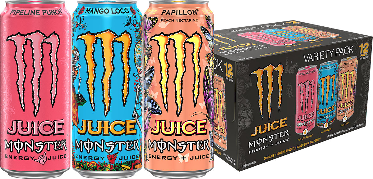 Juice Monster Energy, VP, Mango Loco, Energy + Juice, 16 fl oz + Juice Monster Pipeline Punch, Energy + Juice, 16 fl oz + Juice Monster, Papillon, Juice + Energy Drink, 16 fl oz.